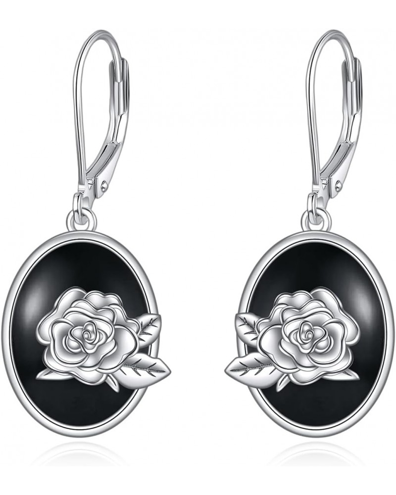 Black Onyx Drop Earrings Sterling Silver Rose Flower Leverback Oval Dangle Earrings Jewelry Gifts for Women Girls $20.51 Earr...