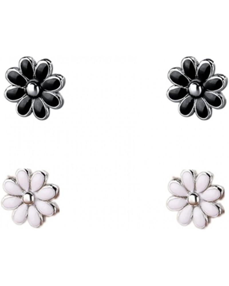 2 Packs Black and White Daisy Flower Mini Stud Earrings for Women Little Girls Dainty 925 Sterling Silver Hypoallergenic Cart...