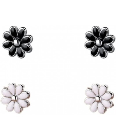 2 Packs Black and White Daisy Flower Mini Stud Earrings for Women Little Girls Dainty 925 Sterling Silver Hypoallergenic Cart...