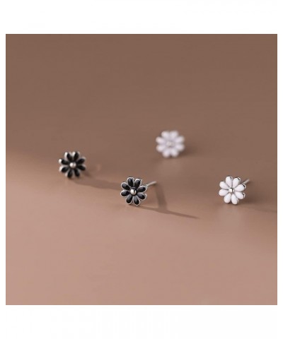 2 Packs Black and White Daisy Flower Mini Stud Earrings for Women Little Girls Dainty 925 Sterling Silver Hypoallergenic Cart...