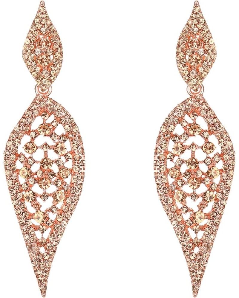 Vintage Style Rhinestone Crystal Dangle Earrings 2 Leaf Hollow-out Statement Clip-on Chandelier Earrings for Women Champagne ...