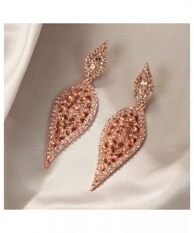 Vintage Style Rhinestone Crystal Dangle Earrings 2 Leaf Hollow-out Statement Clip-on Chandelier Earrings for Women Champagne ...