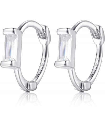 Mini Clicker Hoops with Baguette CZ | 925 Sterling Silver | Tiny Zirconia Huggies | Earring Gift for Her - Hypoallergenic 8mm...