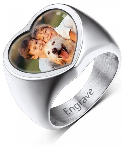 Personalized Rings with Pictures Inside Custom Photo Ring Name Engraving Stainless Steel Signet Ring/Heart Ring Size 7-14 Cus...