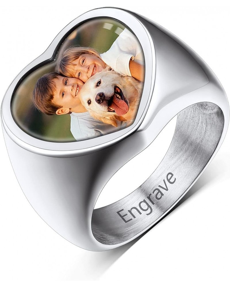 Personalized Rings with Pictures Inside Custom Photo Ring Name Engraving Stainless Steel Signet Ring/Heart Ring Size 7-14 Cus...