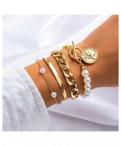 Gold Chain Link Bracelet Set 14K Gold Plated Snake Pearl Lock Portrait Dainty Classic Adjustable Layered Paperclip Bracelets ...