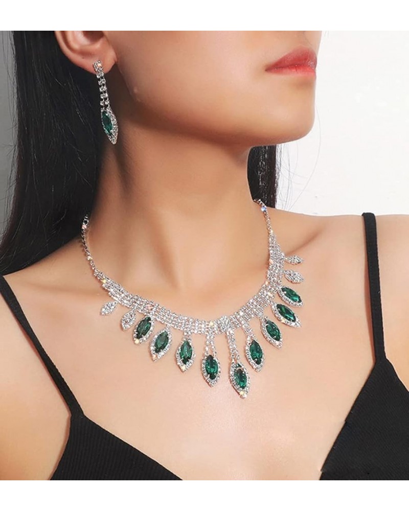 Rhinestone Bridal Necklace Earrings Set Silver Wedding Crystal Choker Necklace Prom Costume Set for Women and Girls green $9....