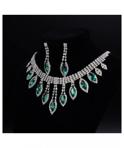 Rhinestone Bridal Necklace Earrings Set Silver Wedding Crystal Choker Necklace Prom Costume Set for Women and Girls green $9....