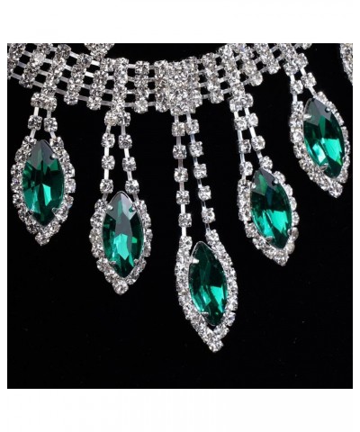 Rhinestone Bridal Necklace Earrings Set Silver Wedding Crystal Choker Necklace Prom Costume Set for Women and Girls green $9....