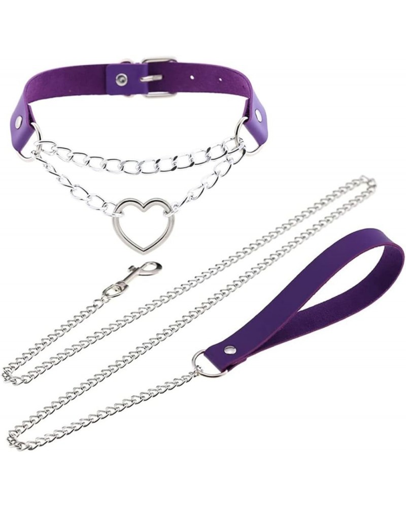 Harajuku Peach Heart Choker Punk Hauling Chain PU Leather Collar Gothic Necklace NightClub Goth Leash Belts Purple $8.65 Neck...