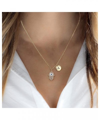 Evil Eye Necklace for Women, Evil Eye Hamsa Protection Necklace 14K Solid Gold Over Initial Pendant Evil Eye Necklace for Wom...