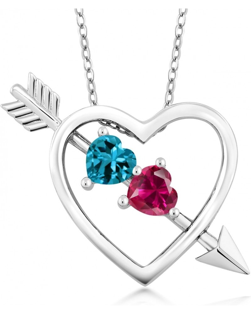 925 Sterling Silver London Blue Topaz and Red Created Ruby Heart and Arrow Pendant Necklace For Women (1.15 Cttw, with 18 Inc...