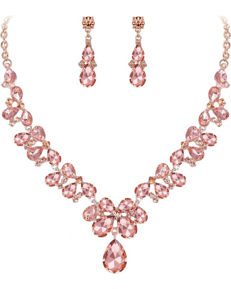 Women's Wedding Bridal Crystal Teardrop Cluster Statement Necklace Dangle Earrings Set 08-Red Gold-Toned $12.87 Jewelry Sets