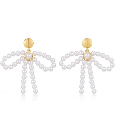 Pearl Bow Earrings For Women Imitation Cream Pearls Bow Drop Dangle Earrings With A Small Gold Stud On The Top $9.35 Earrings