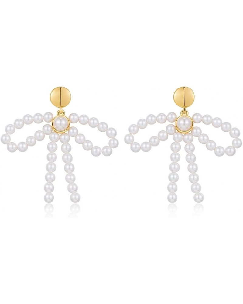 Pearl Bow Earrings For Women Imitation Cream Pearls Bow Drop Dangle Earrings With A Small Gold Stud On The Top $9.35 Earrings