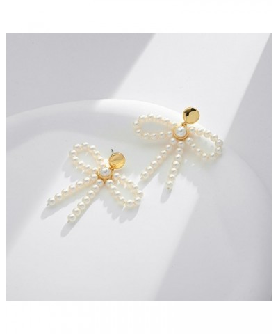 Pearl Bow Earrings For Women Imitation Cream Pearls Bow Drop Dangle Earrings With A Small Gold Stud On The Top $9.35 Earrings