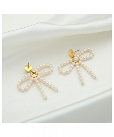 Pearl Bow Earrings For Women Imitation Cream Pearls Bow Drop Dangle Earrings With A Small Gold Stud On The Top $9.35 Earrings