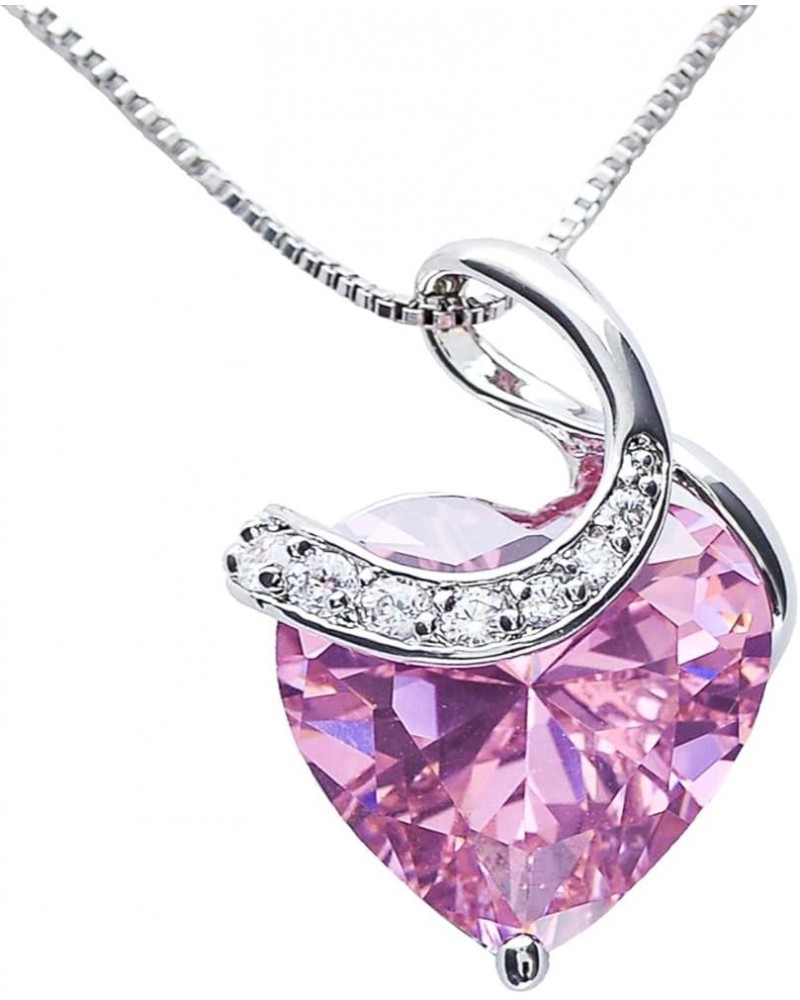 CHERUBIC Love Heart Pendant Necklace Shining Zircon Birthstone Jewelry Gifts For Women Girls 18''+2'' Pink $10.25 Necklaces