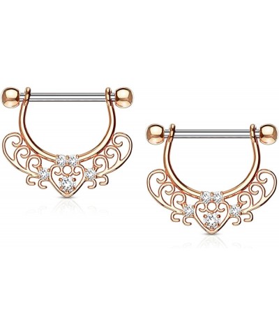 Pair of Surgical Steel 1/2 Inch (12mm) Fancy CZ Heart Filigree D-Ring Dangle Nipple Barbells Rose Gold Tone $10.00 Body Jewelry