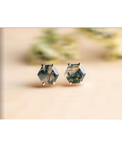 Natural Moss Agate Stud Earrings, 925 Sterling Silver Hexagon Shape Earrings For Women, Gift For Her, Graduation, Birthday, A...