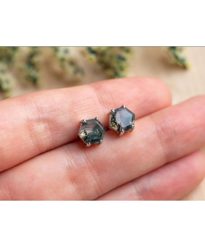 Natural Moss Agate Stud Earrings, 925 Sterling Silver Hexagon Shape Earrings For Women, Gift For Her, Graduation, Birthday, A...