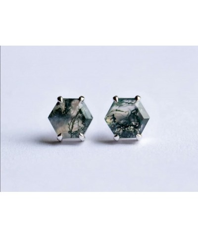 Natural Moss Agate Stud Earrings, 925 Sterling Silver Hexagon Shape Earrings For Women, Gift For Her, Graduation, Birthday, A...