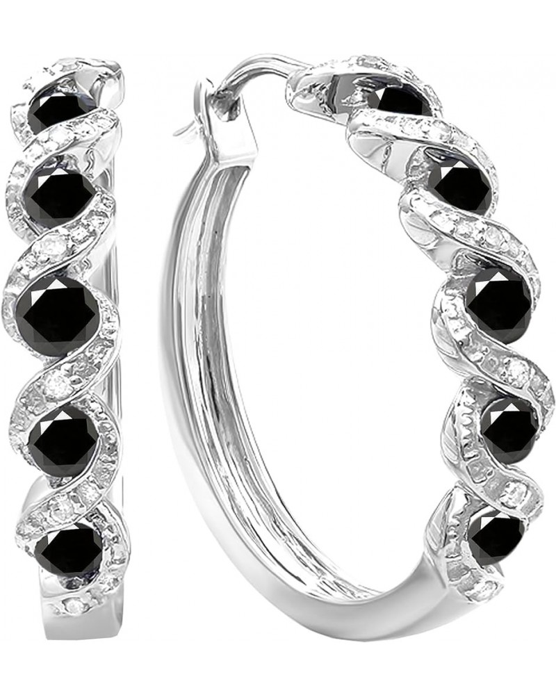 Round Gemstone & White Diamond Twisted Waves Hinged Post Hoop Earrings for Her in 925 Sterling Silver Black Diamond $58.75 Ea...