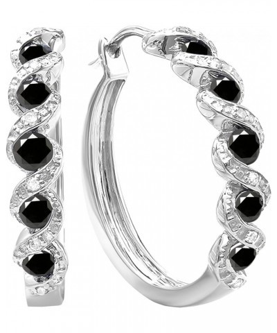 Round Gemstone & White Diamond Twisted Waves Hinged Post Hoop Earrings for Her in 925 Sterling Silver Black Diamond $58.75 Ea...