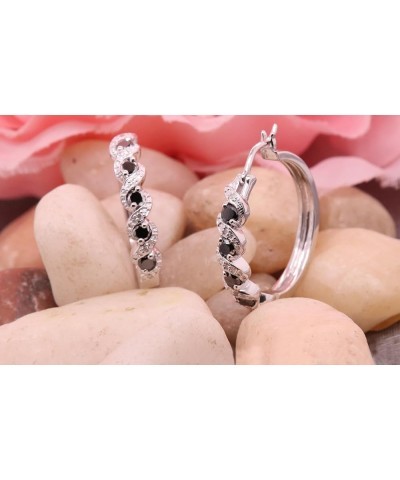 Round Gemstone & White Diamond Twisted Waves Hinged Post Hoop Earrings for Her in 925 Sterling Silver Black Diamond $58.75 Ea...