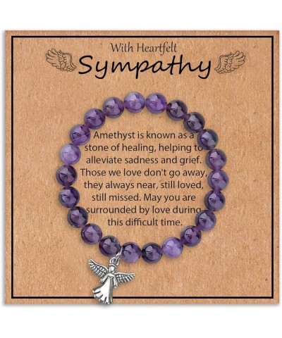 Sympathy Gift for Loss of Loved One, Healing Amethyst Bead Bracelet with Angel Heart Charm, Memorial Bereavement Grief Jewelr...