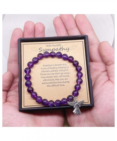 Sympathy Gift for Loss of Loved One, Healing Amethyst Bead Bracelet with Angel Heart Charm, Memorial Bereavement Grief Jewelr...