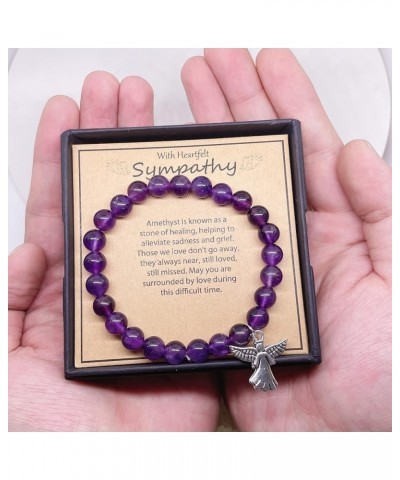 Sympathy Gift for Loss of Loved One, Healing Amethyst Bead Bracelet with Angel Heart Charm, Memorial Bereavement Grief Jewelr...