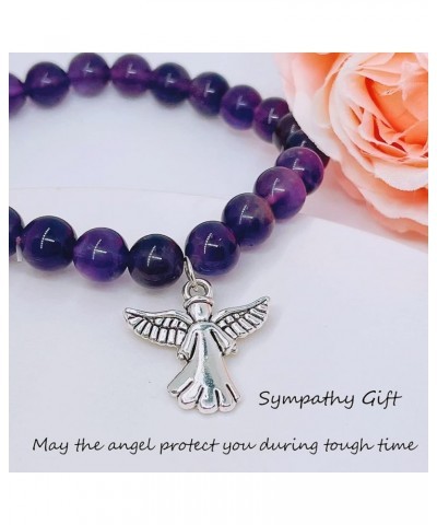 Sympathy Gift for Loss of Loved One, Healing Amethyst Bead Bracelet with Angel Heart Charm, Memorial Bereavement Grief Jewelr...