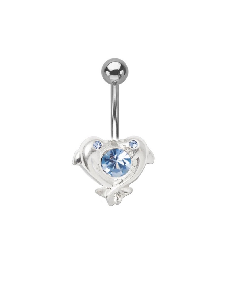 14ga-3/8(10mm) Dolphin Heart Belly Ring with Light Blue Gem 316L Surgical Steel - 1830 $6.48 Body Jewelry