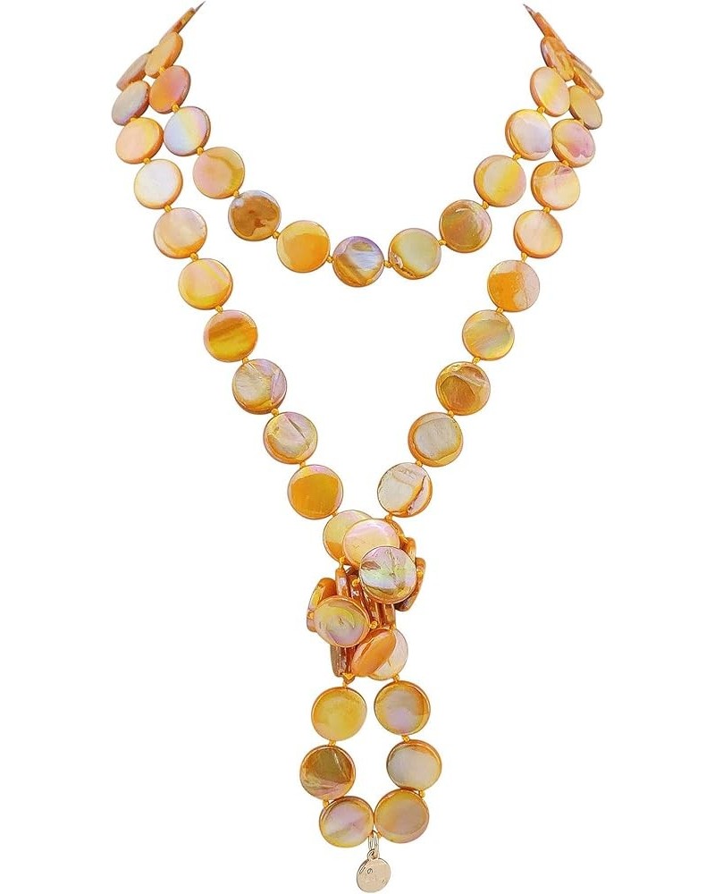 Flat Round Coin Shell Beads Long Knotted Necklace Natural Mother of Pearl Handmade Jewelry For Women Yellow AB $9.24 Necklaces