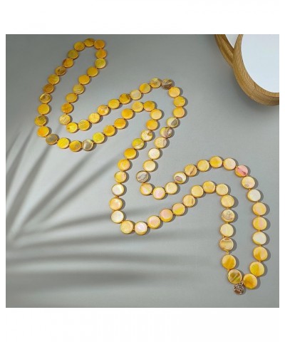 Flat Round Coin Shell Beads Long Knotted Necklace Natural Mother of Pearl Handmade Jewelry For Women Yellow AB $9.24 Necklaces