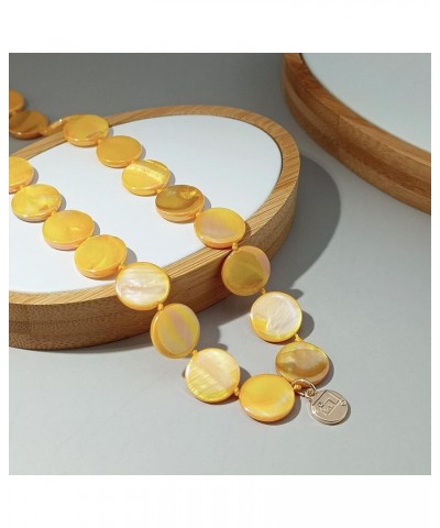 Flat Round Coin Shell Beads Long Knotted Necklace Natural Mother of Pearl Handmade Jewelry For Women Yellow AB $9.24 Necklaces