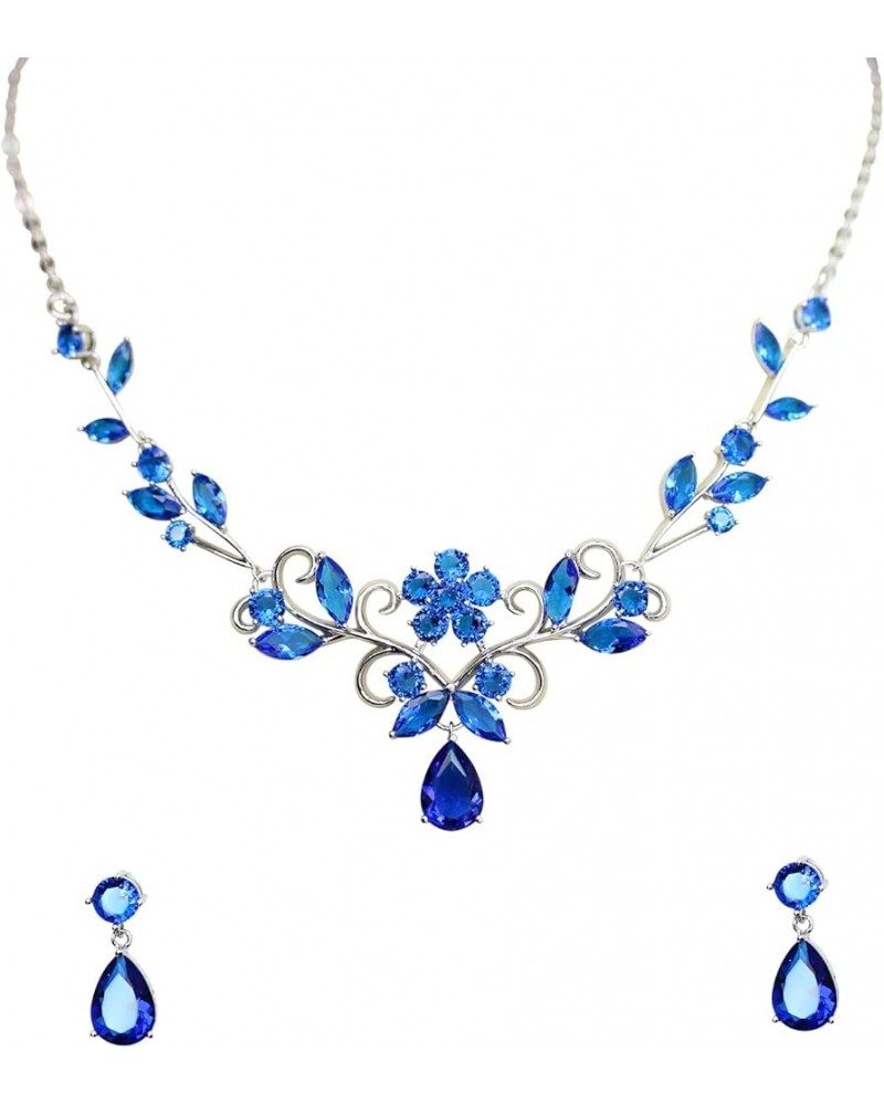 Gorgeous CZ Crystal Floral Necklace Earrings Set Blue $19.64 Jewelry Sets