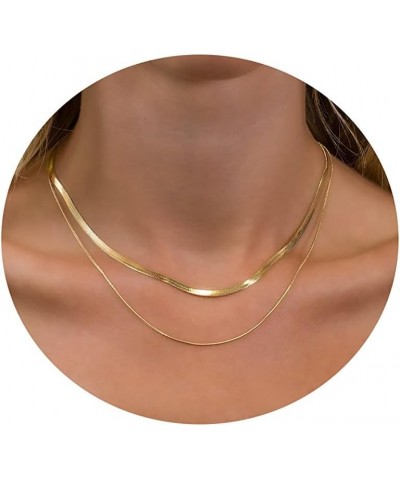 Layered Necklace for Women, 14k Gold Plated Layering Herringbone Necklace Double Layer Snake Chain Necklace Set Gold Chunky T...