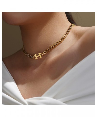 Womens 18K Real Gold Plated Necklace Choker with Mother-of-pearl Shell/H Letter, 6mm 316L Stainless Steel Diamond-Cut Curb Cu...