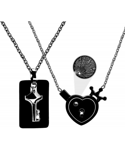 Stainless Love Heart Crown Lock and Key Pendant Necklace Set, 100 Languages I Love You Couples Projection Jewelry Black in Pr...