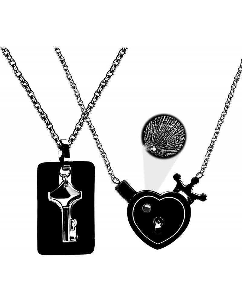 Stainless Love Heart Crown Lock and Key Pendant Necklace Set, 100 Languages I Love You Couples Projection Jewelry Black in Pr...