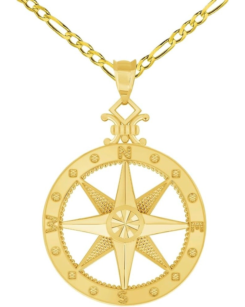 14k Yellow Gold Large Compass Wind Rose Pendant with Rolo Cable, Cuban Curb, or Figaro Chain Necklace 18.0 Inches Figaro Chai...