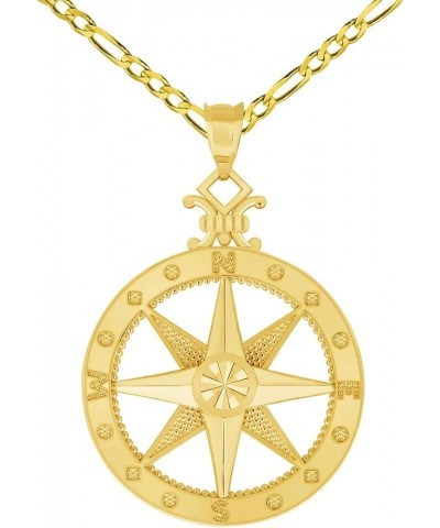 14k Yellow Gold Large Compass Wind Rose Pendant with Rolo Cable, Cuban Curb, or Figaro Chain Necklace 18.0 Inches Figaro Chai...