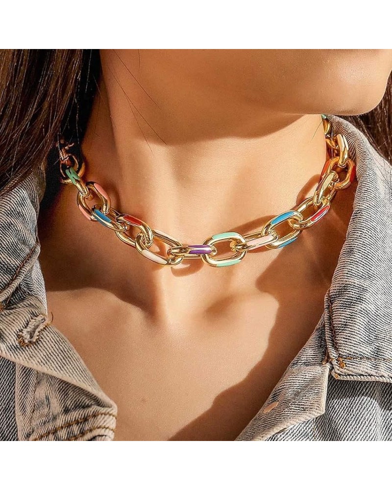 Boho Choker Necklace Gold Cuban Link Necklaces Chain Fashion Jewelry for Women and Girls Gold chain with color design $10.07 ...