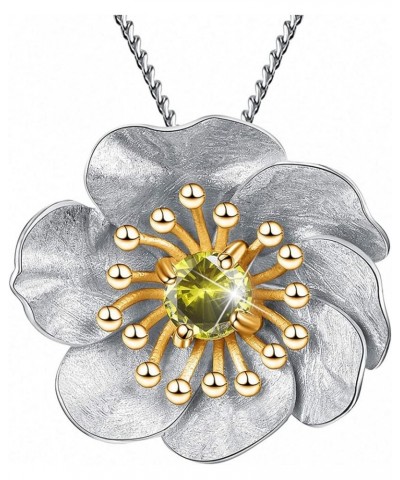 S925 Sterling Silver Natural Gemtone Pendant Necklace Blooming Anemone Flower Pendant with Necklaces Chain length 17inches, H...