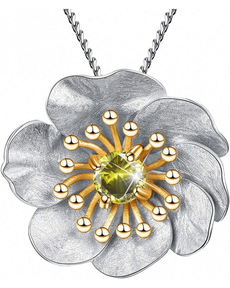 S925 Sterling Silver Natural Gemtone Pendant Necklace Blooming Anemone Flower Pendant with Necklaces Chain length 17inches, H...