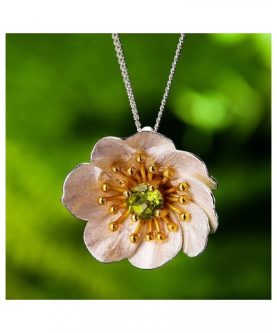 S925 Sterling Silver Natural Gemtone Pendant Necklace Blooming Anemone Flower Pendant with Necklaces Chain length 17inches, H...