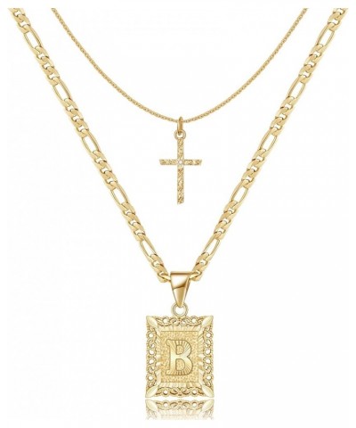 Gold Layered Initial Cross Necklace, 14K Gold Plated Layering Square Letter Pendant Figaro Chain Cross Choker from A-Z Capita...