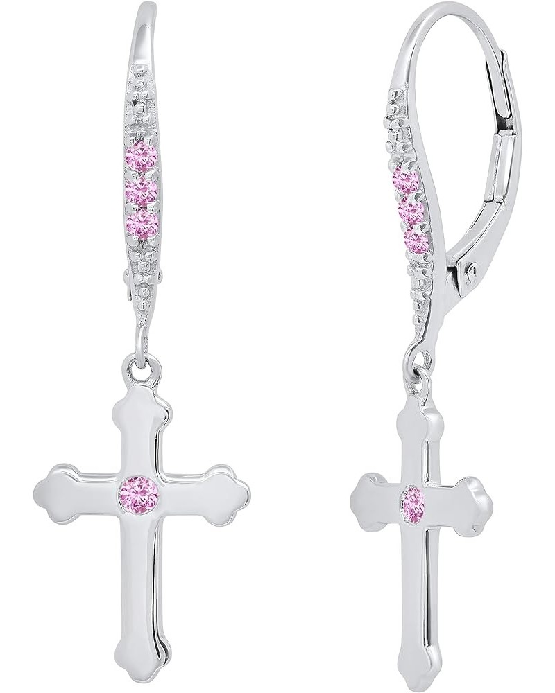 Round Gemstone or Diamond Cross Drop Lever Back Men's & Women's (Unisex) Earrings in 925 Sterling Silver Pink Sapphire $60.22...